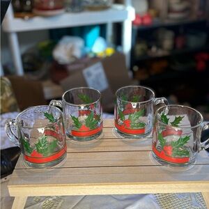 Vintage Clear Glass Holiday Mugs with Holly and Red Berry Design